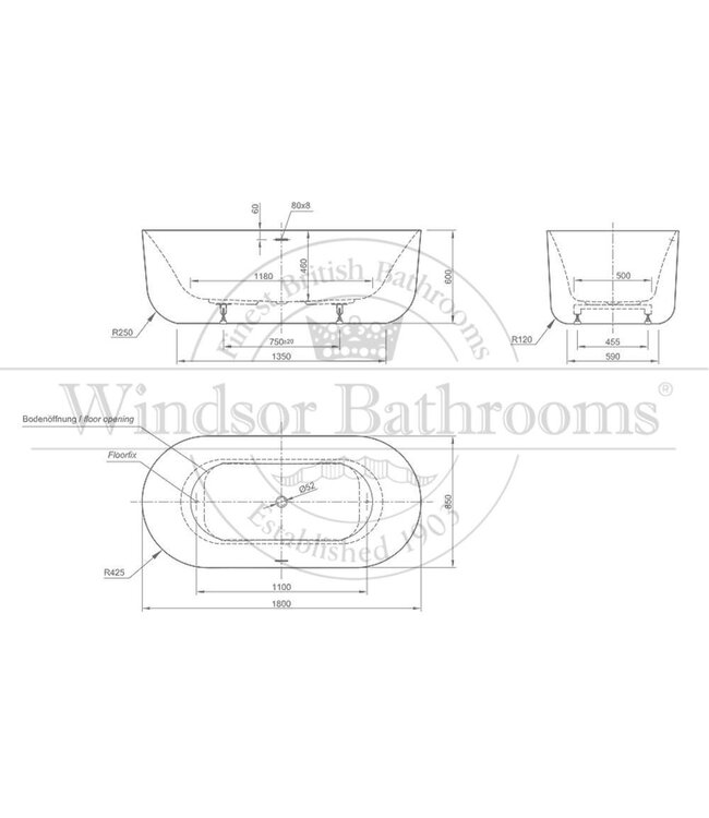 Vrijstaand acryl bad 180cm Angeli