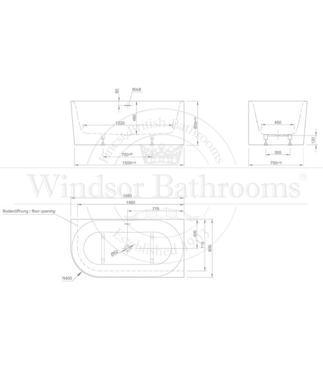 Hoekbad Queen XS rechts acryl 155cm