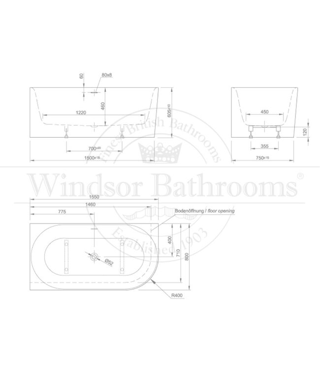 Hoekbad Queen XS links acryl 155cm