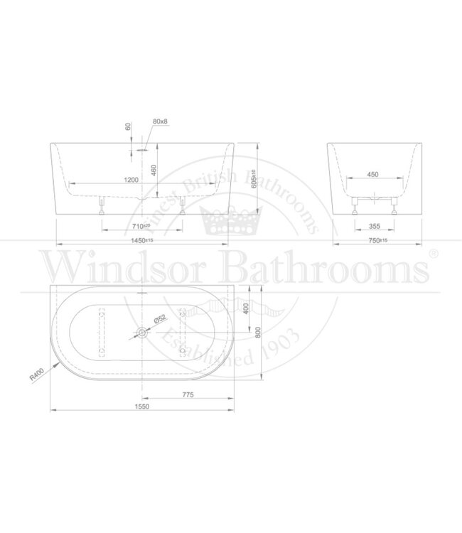 Half vrijstaand acryl bad 155cm Queen Wall XS