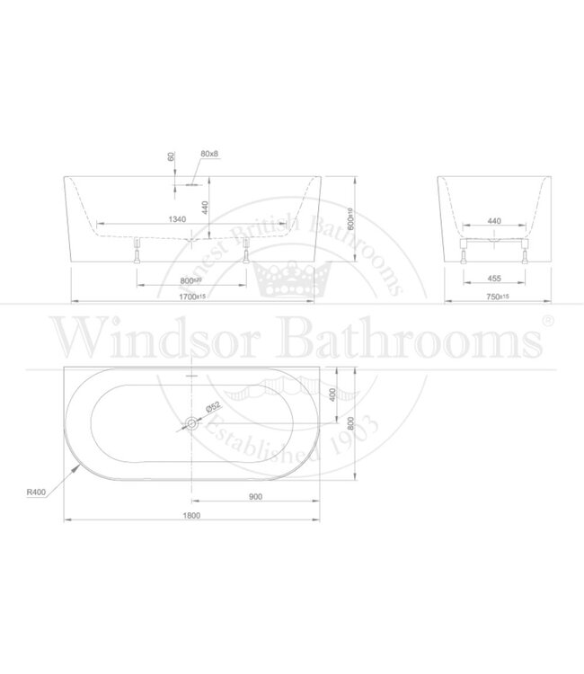 Half vrijstaand acryl bad 180cm Queen Wall