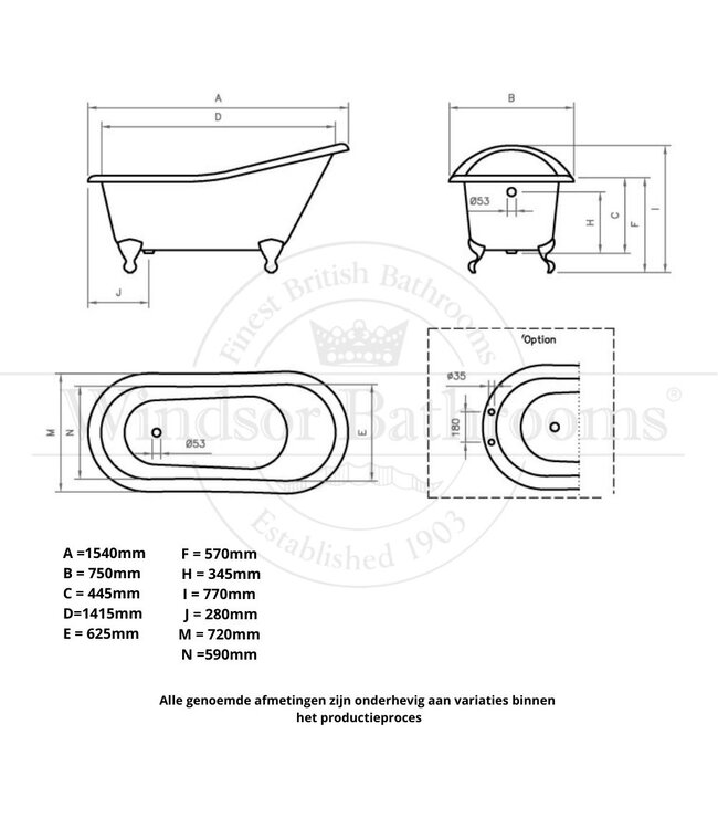 Klassiek gietijzeren bad 154cm Essex