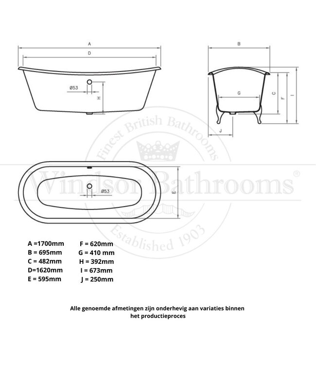 Klassiek gietijzeren bad 170cm Porto Santo Bateau