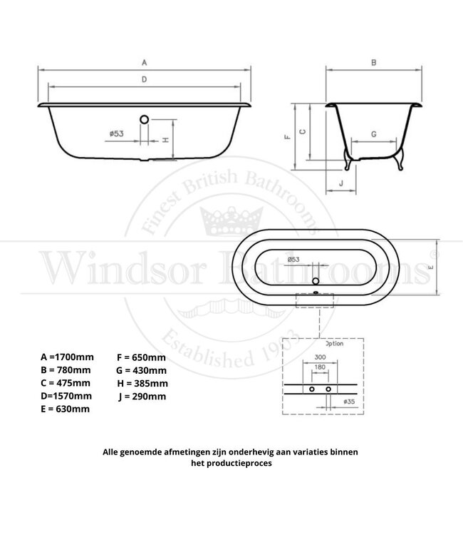 Klassiek gietijzeren bad 170cm Buckingham