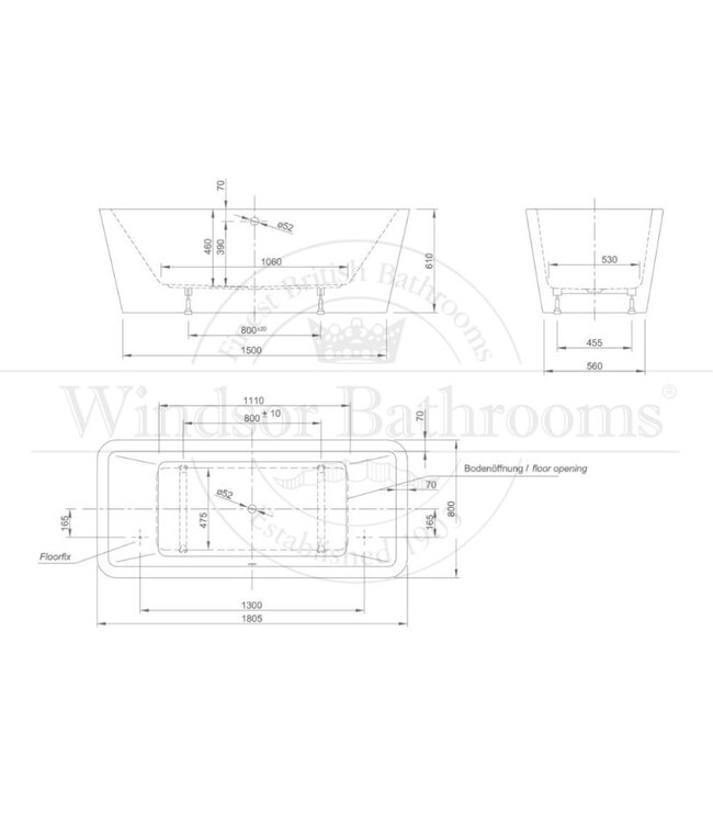 Vrijstaand acryl bad 180cm Fleur
