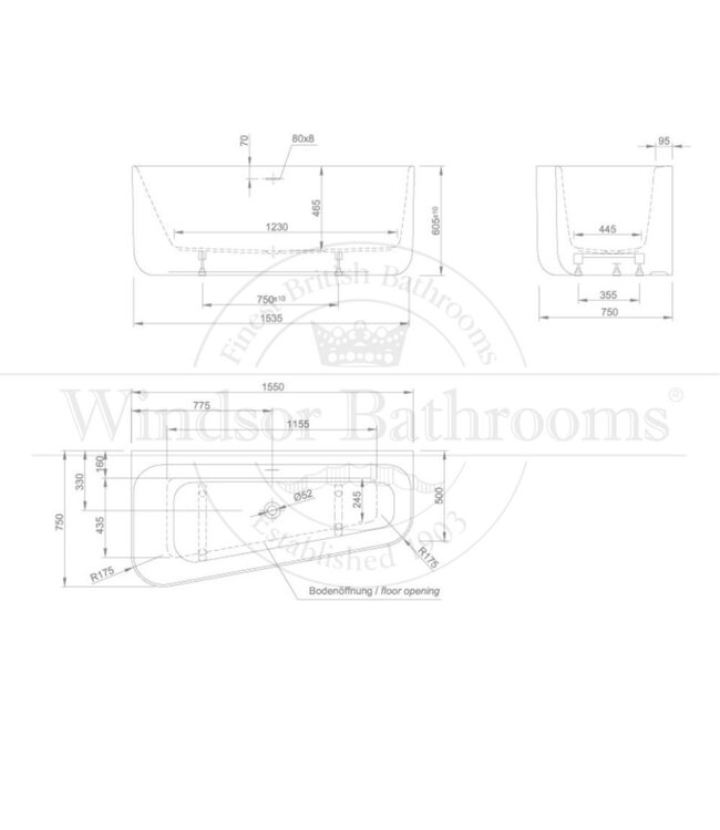 Half vrijstaand acryl bad 155cm Capri R