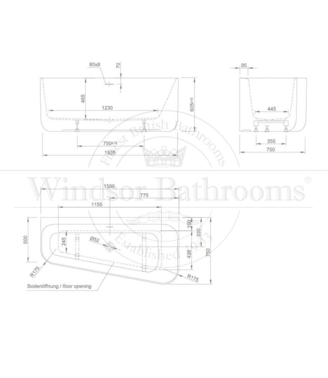 Half vrijstaand acryl bad 155cm Capri L