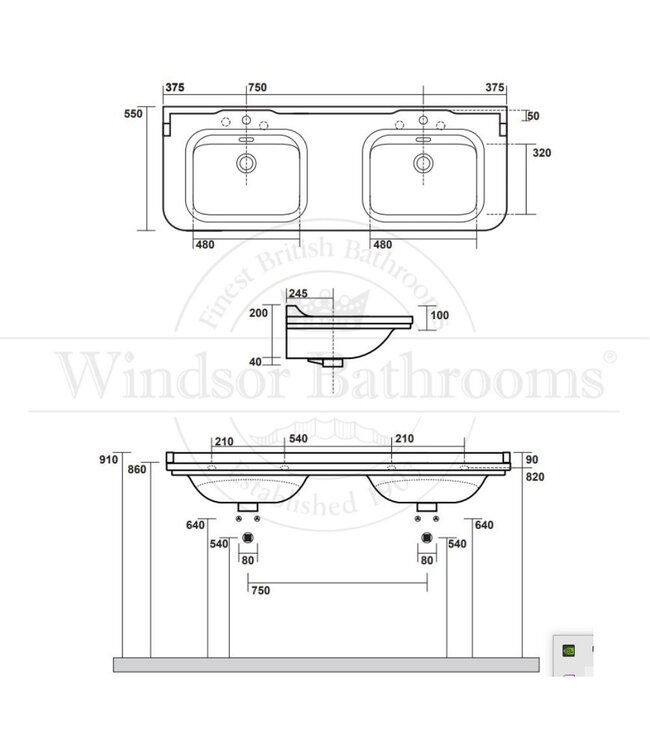 Klassieke dubbele wastafel 150cm Portofino WB4143KE