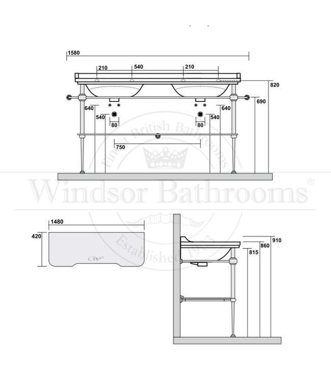 Klassieke dubbele wastafel 150cm Portofino WB4143-9195KE