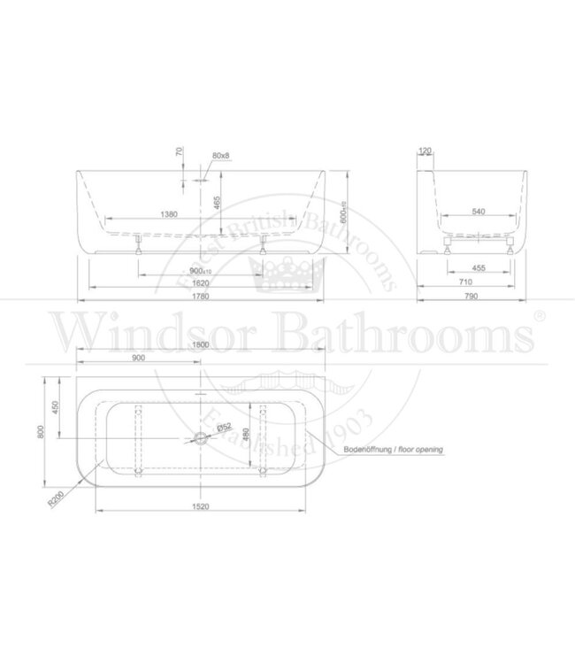 Half vrijstaand acryl bad 180cm Taylor