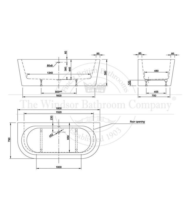 Half vrijstaand acryl bad 180cm Charley Wall