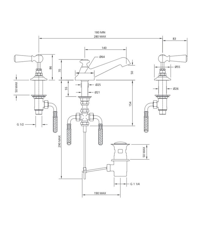 Wastafelkraan 3-gats LB1900 Classic WL1220