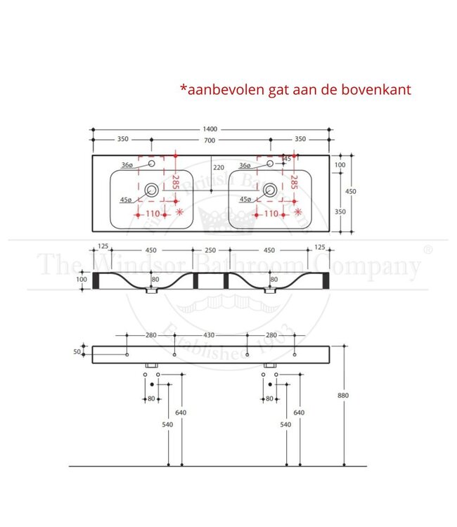 Dubbele wastafel opbouw 1400mm
