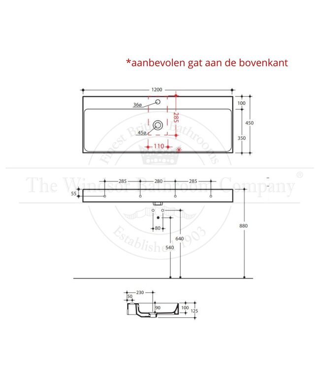 Enkele wastafel opbouw 1200mm