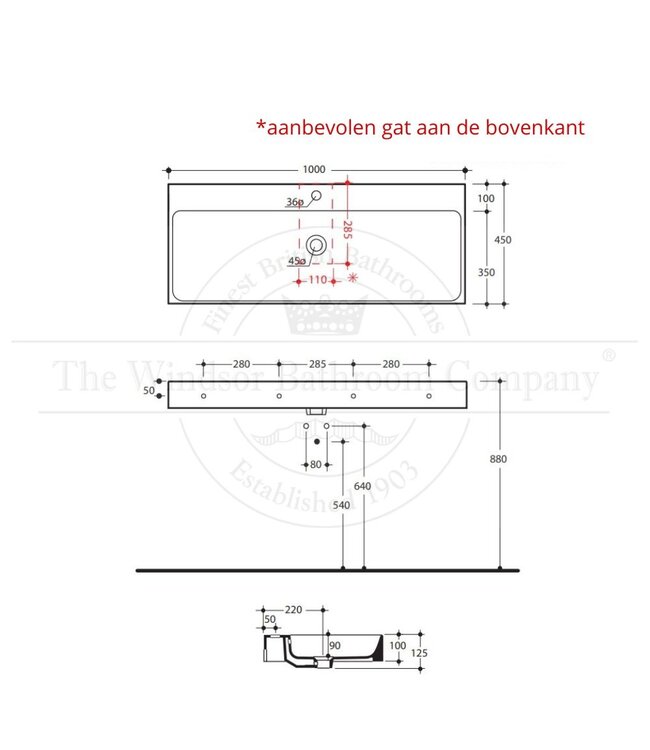 Enkele wastafel opbouw 1000mm