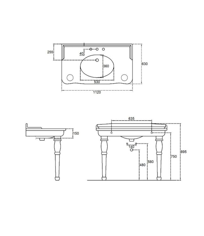 Klassiek wastafel 112cm poten Devon WB03031H