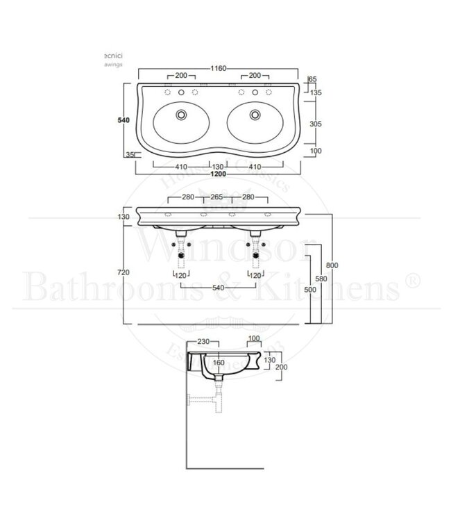 Klassieke dubbele wastafel 120cm Toulon WBSA48