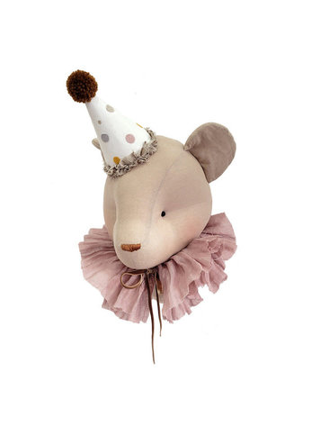 Dierenhoofd Beer - Beige Met Roze Kraag & Hoed