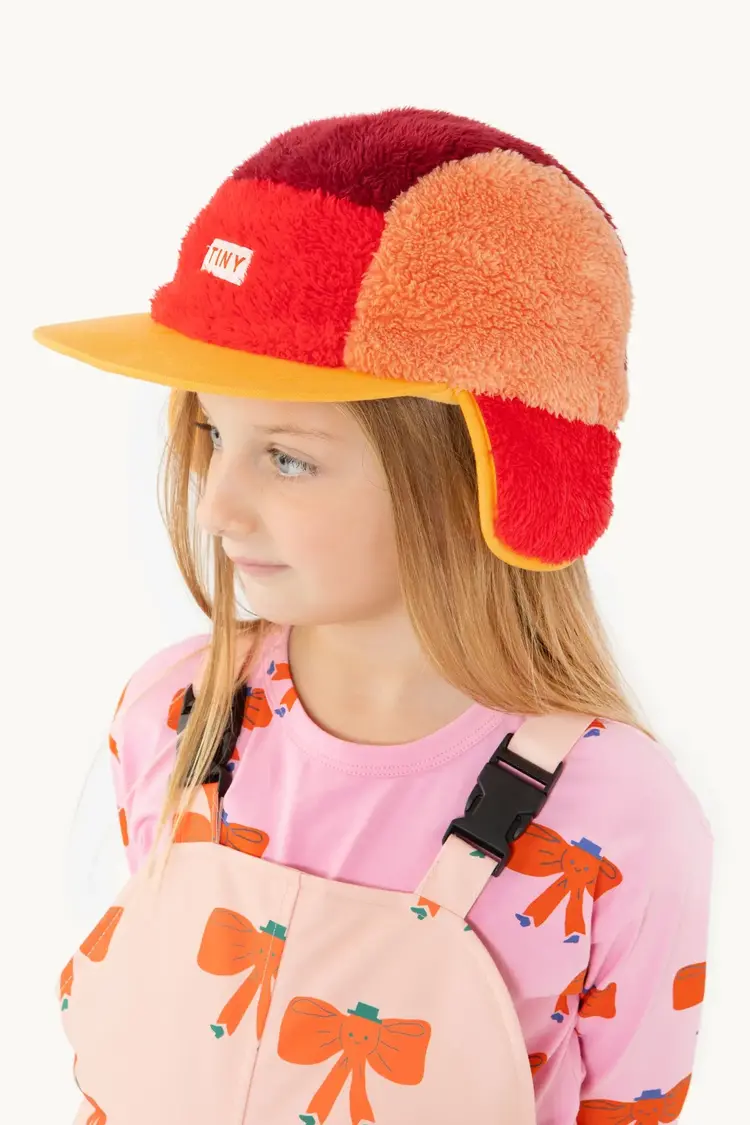 Tiny Cottons Color Block Polar Sherpa Cap - Deep Red/ Peach