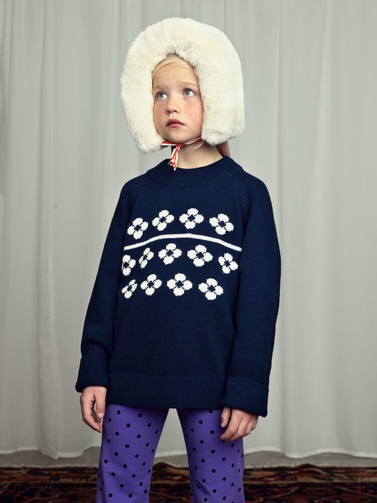 Mini Rodini Flowers Knitted Wool Sweater - Blue