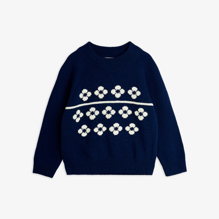 Mini Rodini Flowers Knitted Wool Sweater - Blue
