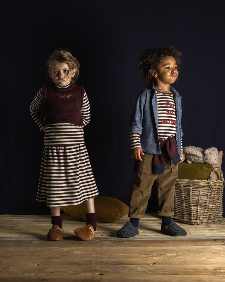 Babe & Tess Artist T-shirt Warm Jersey Stripes Nat/Burgundi