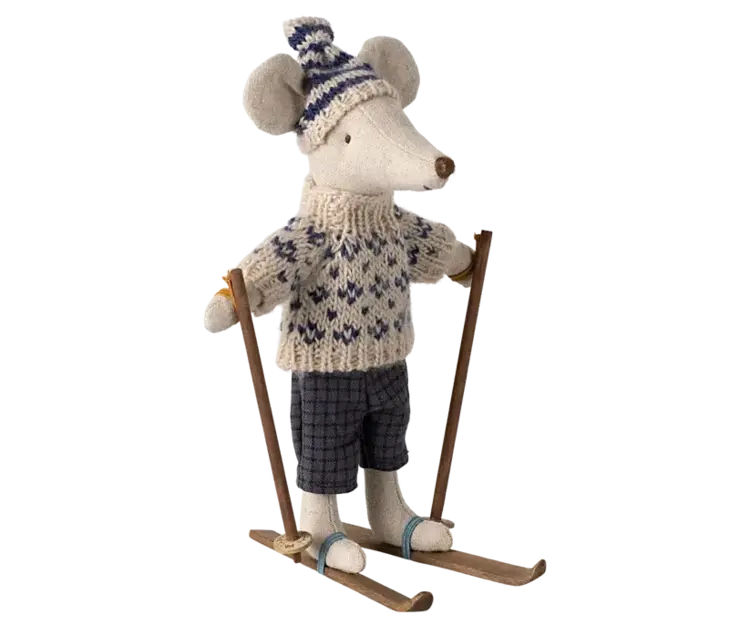 Maileg Winter Mouse With Ski Set, Dad - Blue
