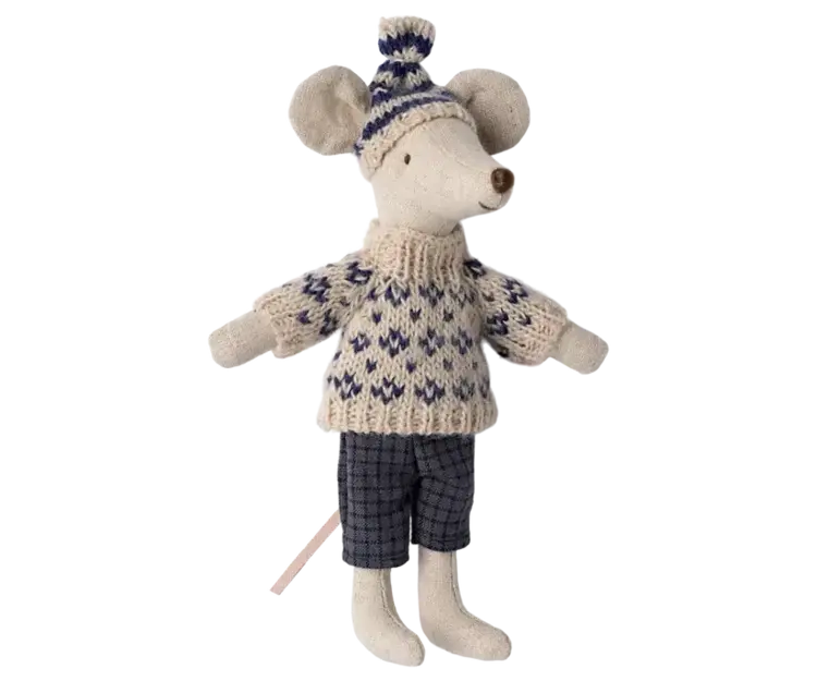 Maileg Winter Mouse With Ski Set, Dad - Blue