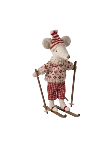 Maileg Winter mouse with ski set, Mum - Red