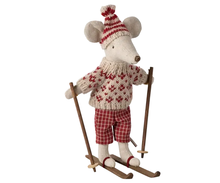 Maileg Winter mouse with ski set, Mum - Red