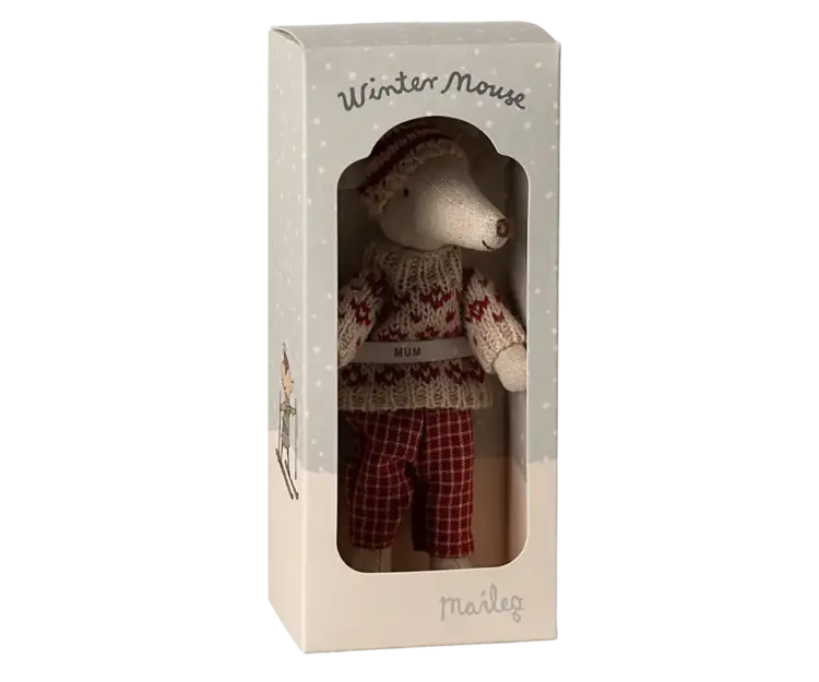 Maileg Winter mouse with ski set, Mum - Red