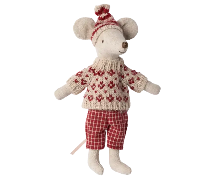 Maileg Winter mouse with ski set, Mum - Red