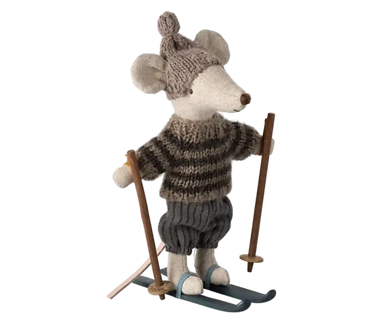 Maileg Winter mouse with ski set, Big brother - Grey