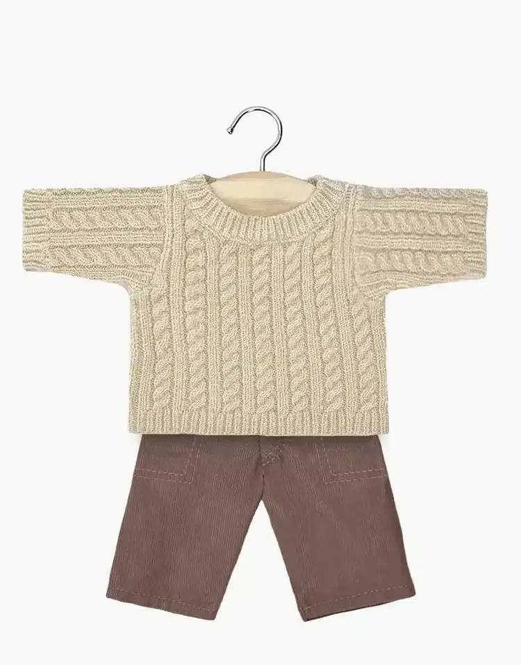 Minikane Doll Set Julian With Beige Knitted Cable Sweater & Chestnut Pants