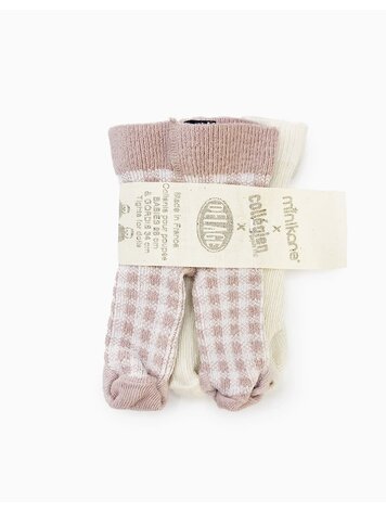 Minikane Minikane X Delage – Set Van 2 Zachte Ecru/Roze Geruite Collants