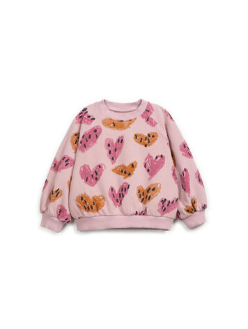 Play Up Printed Fleece Sweater With Heart Print- Rose