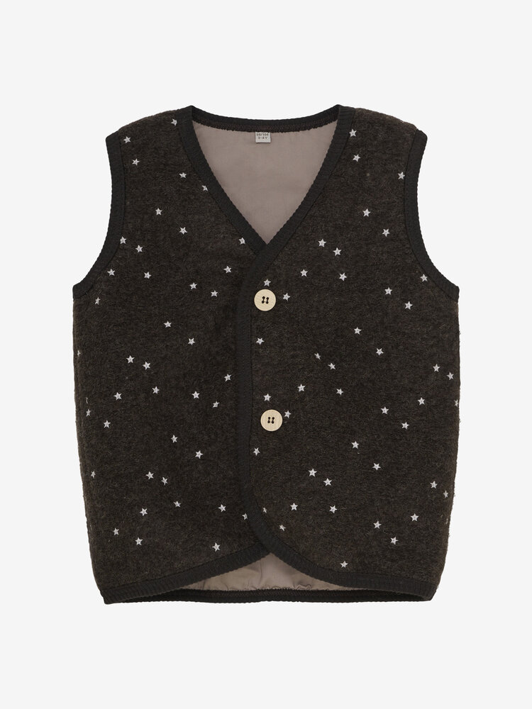 Huttelihut Vest Wool Emb. w. Lining - Dark Brown Melange