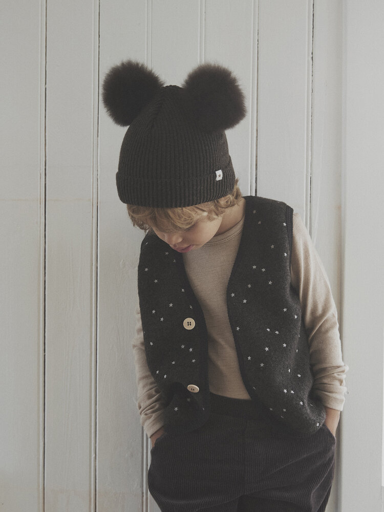 Huttelihut Hat Knit Alpaca Pompoms - Dark Brown Melange