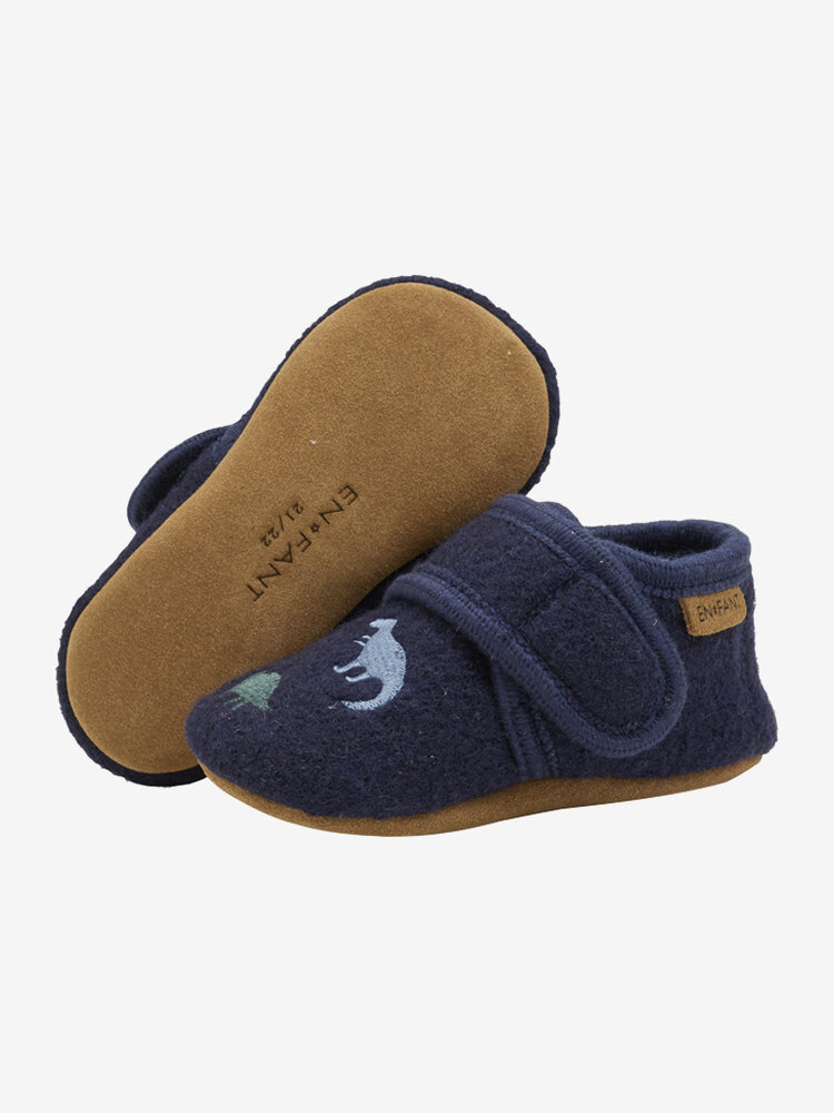 Wool Slippers w. Embroidery - Navy