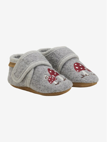 Wool Slippers w. Embroidery - Grey Melange
