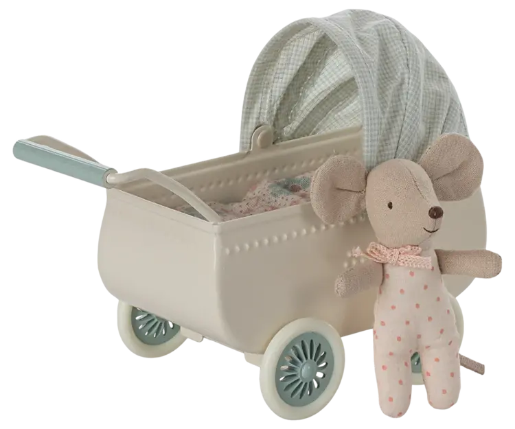 Maileg Pram With Baby Mouse - Mint