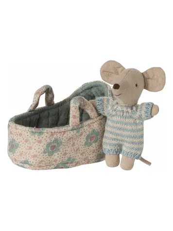 Maileg Baby Mouse In Carry Cot - Blue