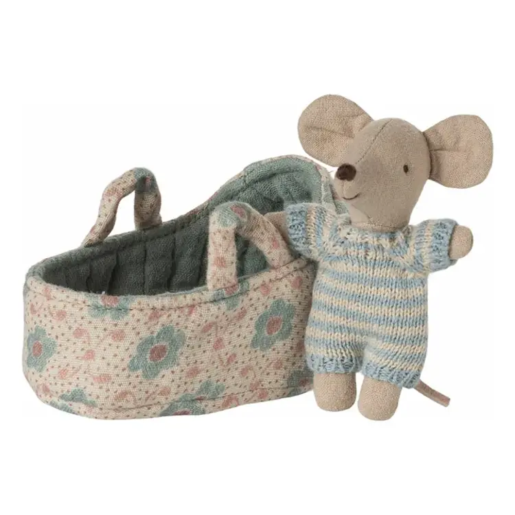Maileg Baby Mouse In Carry Cot - Blue