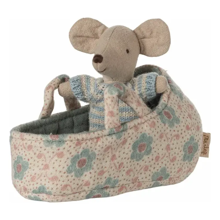 Maileg Baby Mouse In Carry Cot - Blue