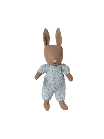 Maileg Rabbit, Micro - Brown - Blue knitted suit