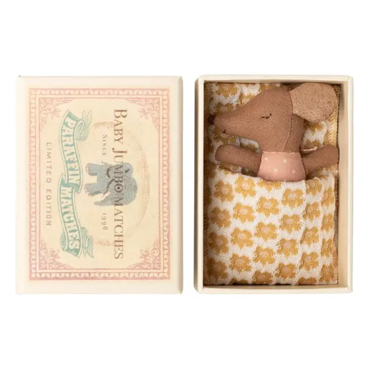 Maileg Sleepy Wakey Baby Mouse In Matchbox - Rose