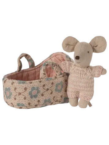 Maileg Baby Mouse In Carry Cot - Rose