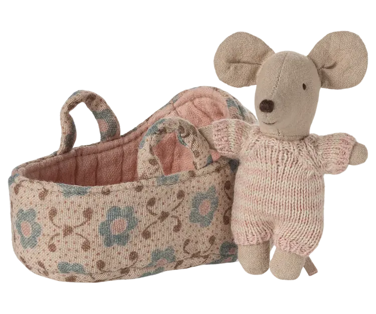 Maileg Baby Mouse In Carry Cot - Rose