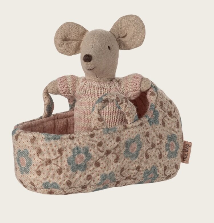 Maileg Baby Mouse In Carry Cot - Rose