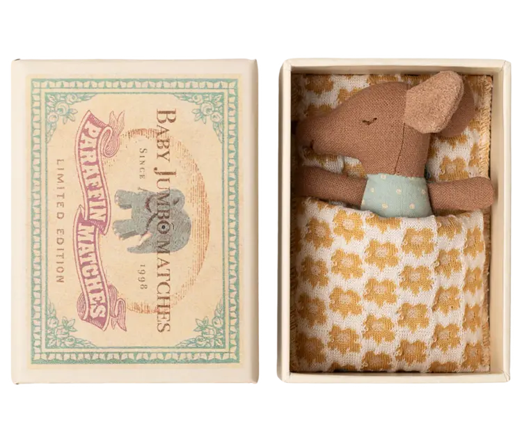 Maileg Sleepy Wakey Baby Mouse In Matchbox - Blue